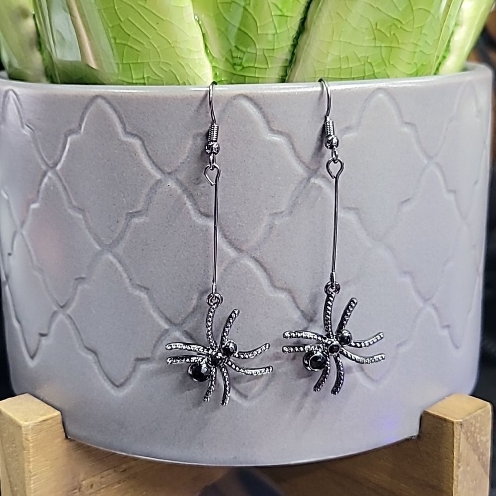 Gun Metal Black Rhinestone Dangle Fish Hook Back Earrings